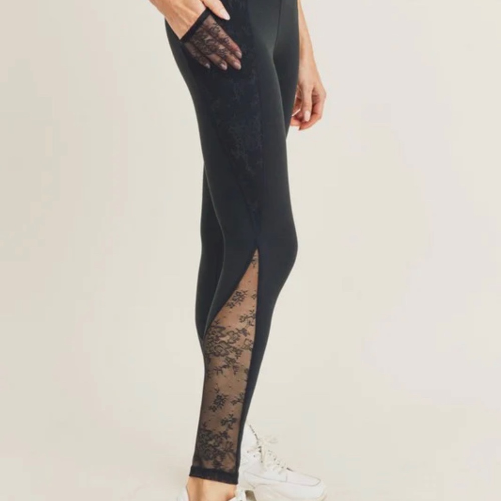 MONO B FLORAL LACE MESH SPLICE LEGGINGS, BLACK SZ. SMALL